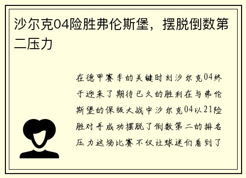 沙尔克04险胜弗伦斯堡，摆脱倒数第二压力